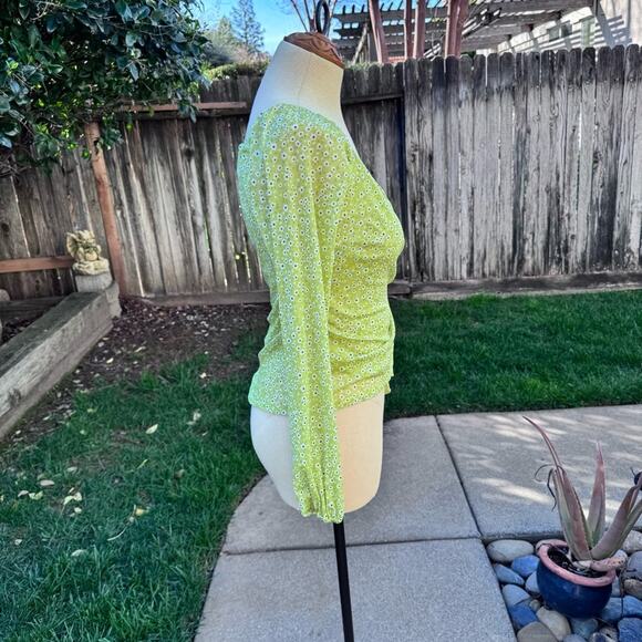 4si3nna Anthropologie Lime Green Floral Wrap Top Blouse Long Sleeve Size S - Picture 4 of 12